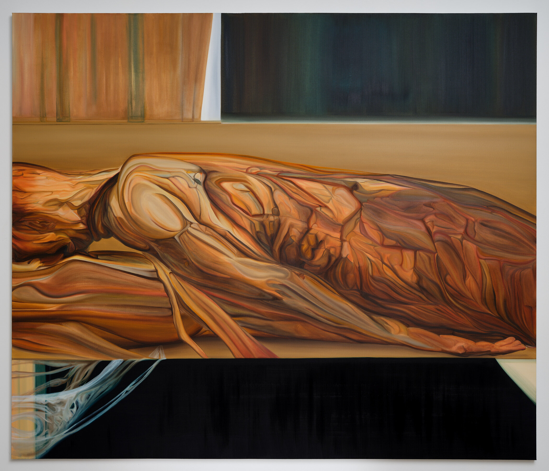 Aleksandra Sidor, <i>the gift (after Holbein’s Dead Christ)</i>, 2023. Oil on linen, 47 5/8 x 59 7/8 in (200 x 235 cm)